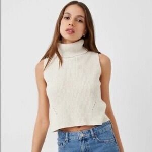 French Connection Mozart Cream‎ Ribbed Turtleneck Sleeveless Cropped Sweater  M